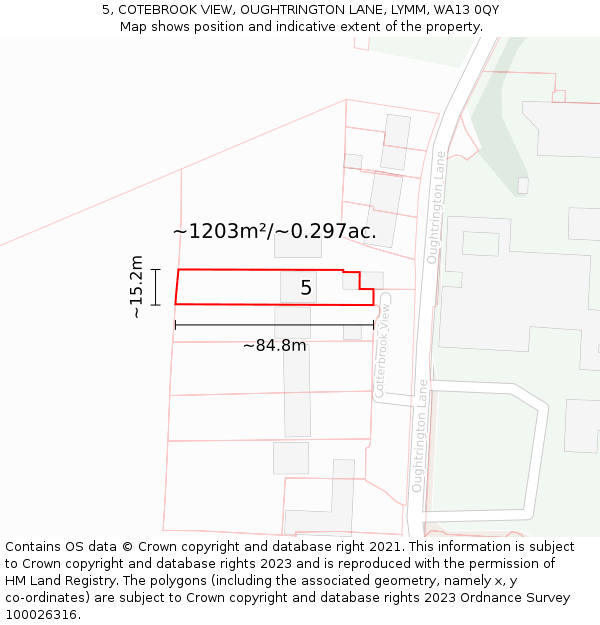 5, COTEBROOK VIEW, OUGHTRINGTON LANE, LYMM, WA13 0QY: Plot and title map