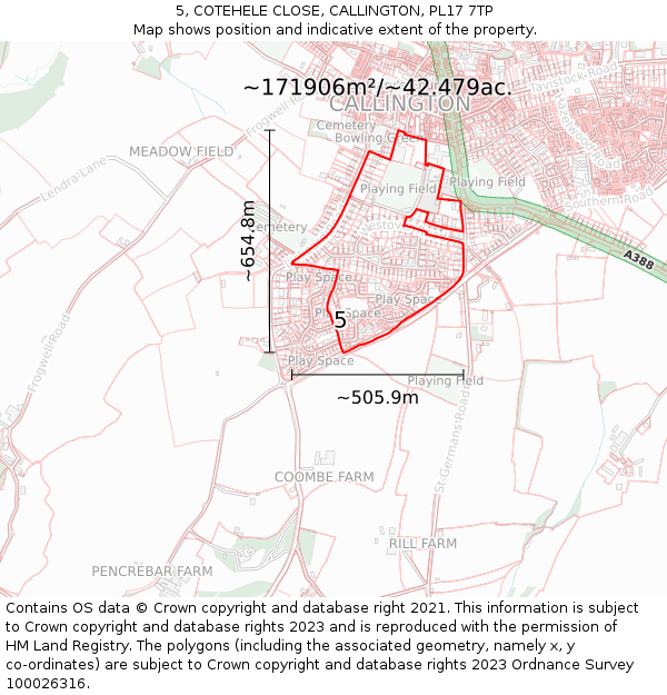 5, COTEHELE CLOSE, CALLINGTON, PL17 7TP: Plot and title map