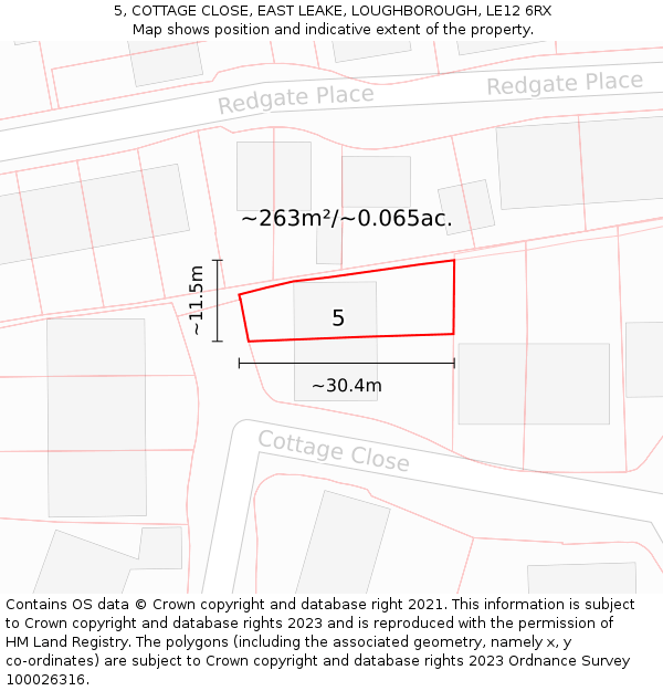 5, COTTAGE CLOSE, EAST LEAKE, LOUGHBOROUGH, LE12 6RX: Plot and title map