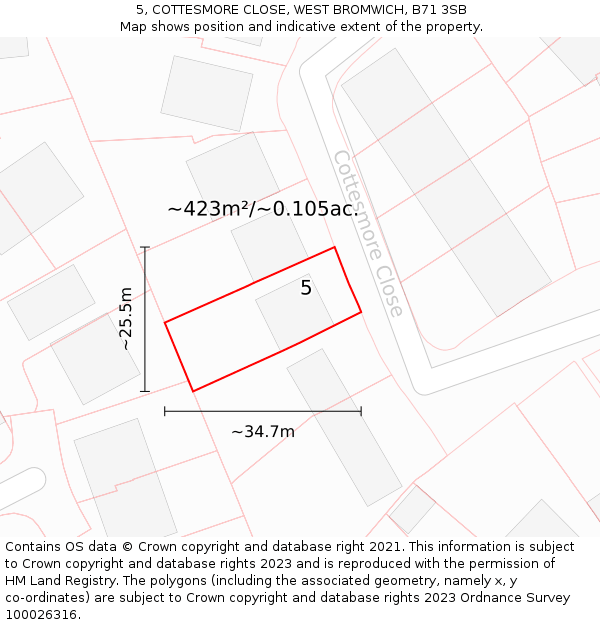 5, COTTESMORE CLOSE, WEST BROMWICH, B71 3SB: Plot and title map