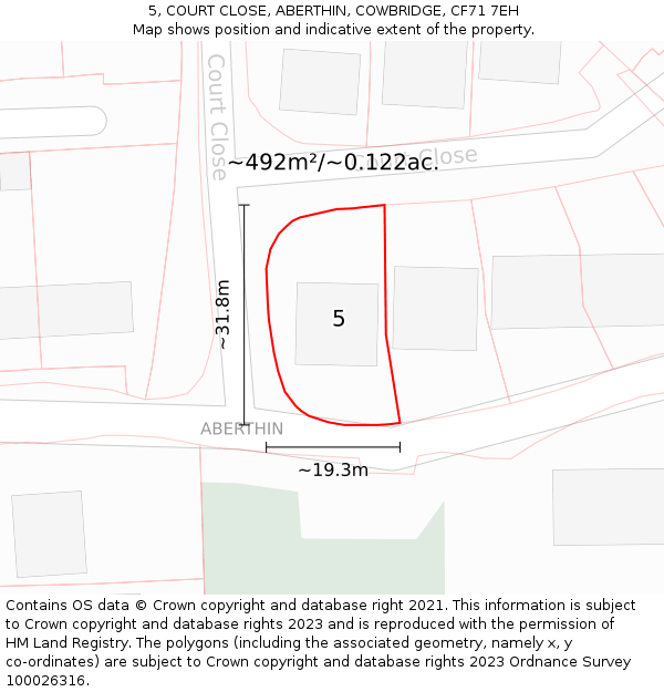 5, COURT CLOSE, ABERTHIN, COWBRIDGE, CF71 7EH: Plot and title map