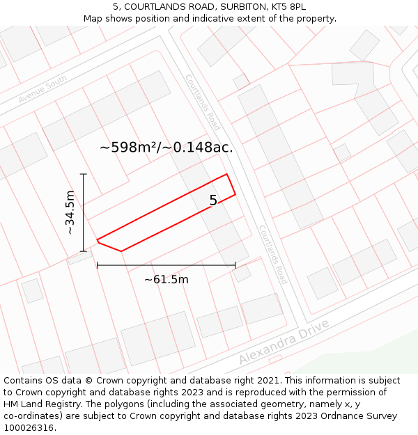 5, COURTLANDS ROAD, SURBITON, KT5 8PL: Plot and title map