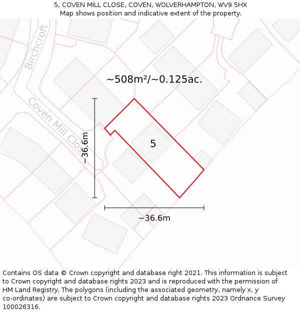 5, COVEN MILL CLOSE, COVEN, WOLVERHAMPTON, WV9 5HX: Plot and title map