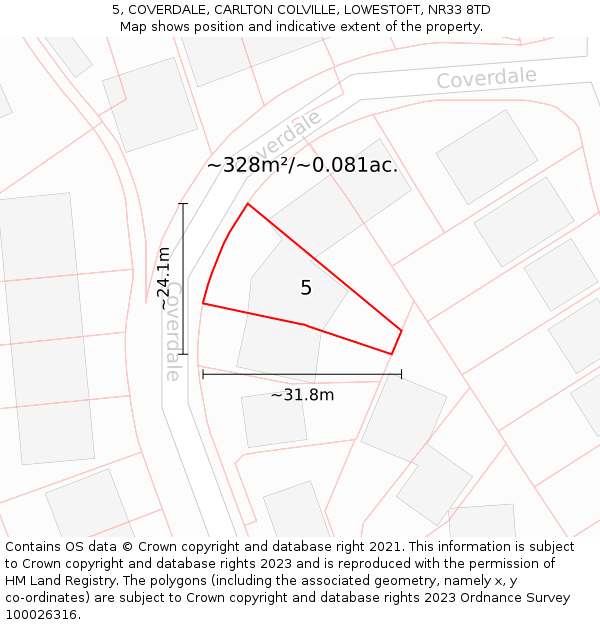 5, COVERDALE, CARLTON COLVILLE, LOWESTOFT, NR33 8TD: Plot and title map