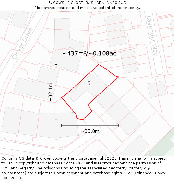 5, COWSLIP CLOSE, RUSHDEN, NN10 0UD: Plot and title map