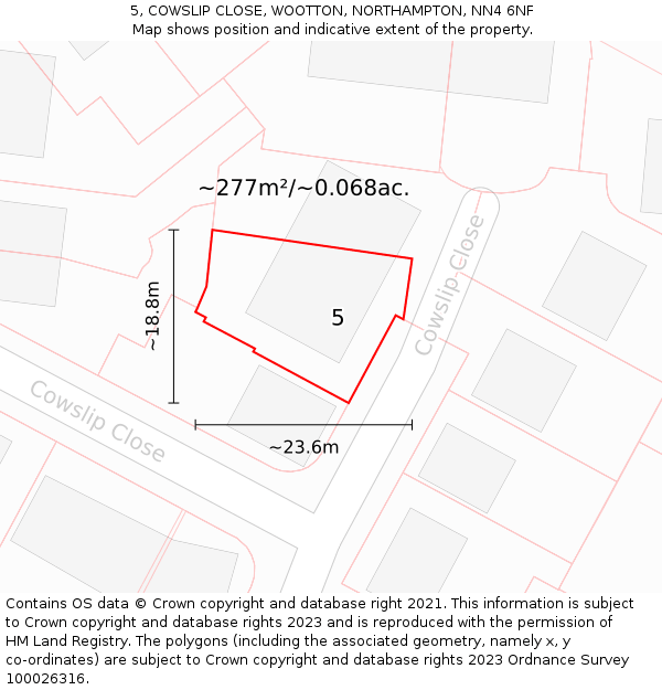 5, COWSLIP CLOSE, WOOTTON, NORTHAMPTON, NN4 6NF: Plot and title map