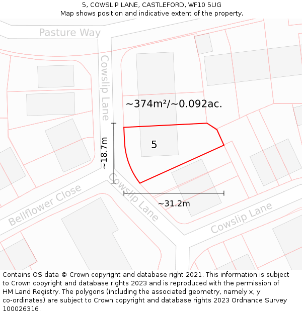 5, COWSLIP LANE, CASTLEFORD, WF10 5UG: Plot and title map