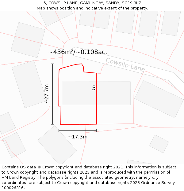 5, COWSLIP LANE, GAMLINGAY, SANDY, SG19 3LZ: Plot and title map