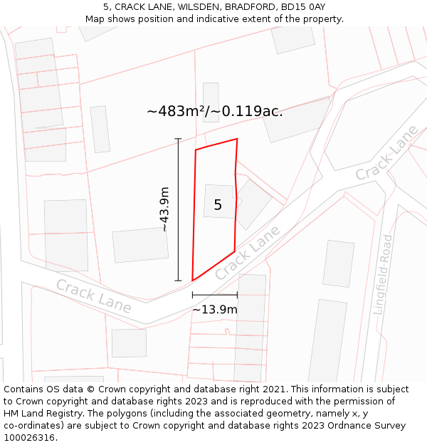 5, CRACK LANE, WILSDEN, BRADFORD, BD15 0AY: Plot and title map