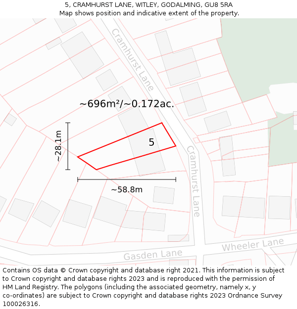 5, CRAMHURST LANE, WITLEY, GODALMING, GU8 5RA: Plot and title map