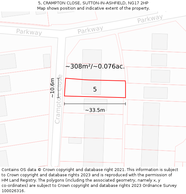 5, CRAMPTON CLOSE, SUTTON-IN-ASHFIELD, NG17 2HP: Plot and title map