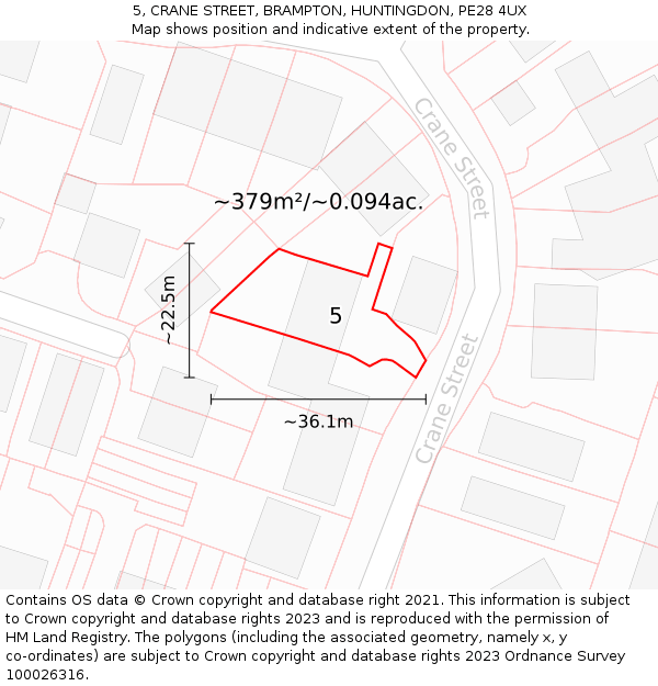 5, CRANE STREET, BRAMPTON, HUNTINGDON, PE28 4UX: Plot and title map