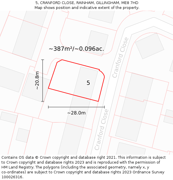 5, CRANFORD CLOSE, RAINHAM, GILLINGHAM, ME8 7HD: Plot and title map
