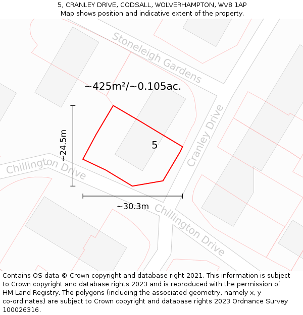 5, CRANLEY DRIVE, CODSALL, WOLVERHAMPTON, WV8 1AP: Plot and title map