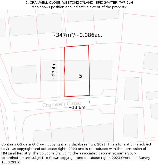 5, CRANWELL CLOSE, WESTONZOYLAND, BRIDGWATER, TA7 0LH: Plot and title map