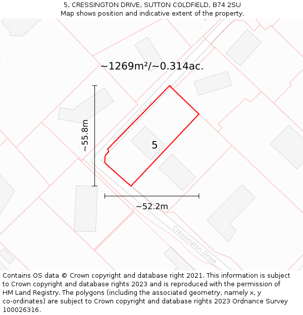 5, CRESSINGTON DRIVE, SUTTON COLDFIELD, B74 2SU: Plot and title map