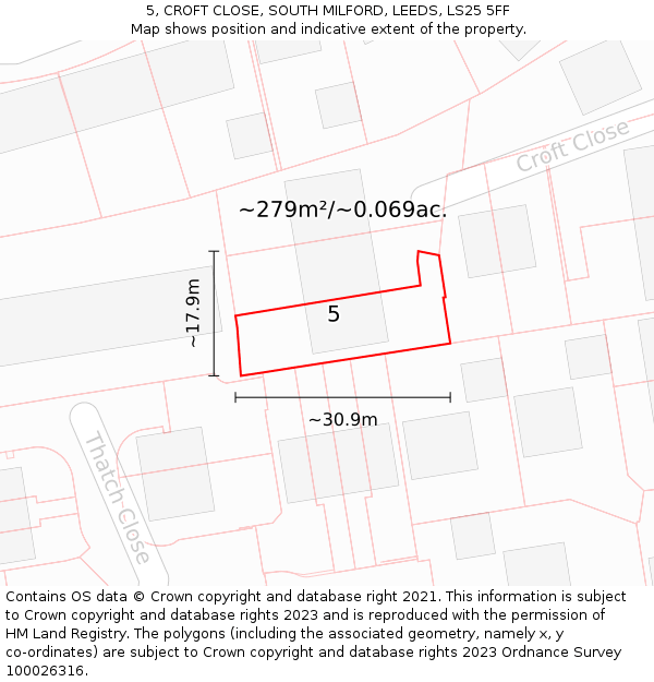 5, CROFT CLOSE, SOUTH MILFORD, LEEDS, LS25 5FF: Plot and title map