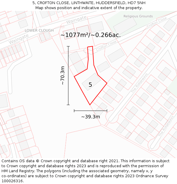 5, CROFTON CLOSE, LINTHWAITE, HUDDERSFIELD, HD7 5NH: Plot and title map