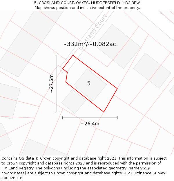 5, CROSLAND COURT, OAKES, HUDDERSFIELD, HD3 3BW: Plot and title map