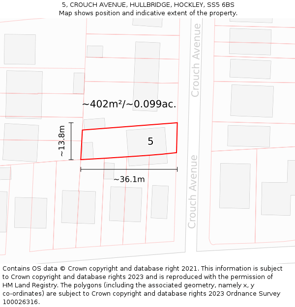 5, CROUCH AVENUE, HULLBRIDGE, HOCKLEY, SS5 6BS: Plot and title map