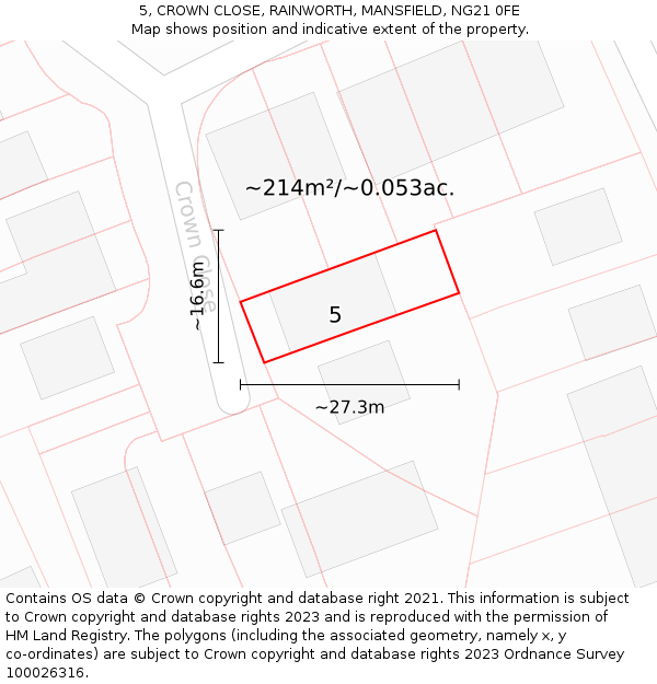 5, CROWN CLOSE, RAINWORTH, MANSFIELD, NG21 0FE: Plot and title map