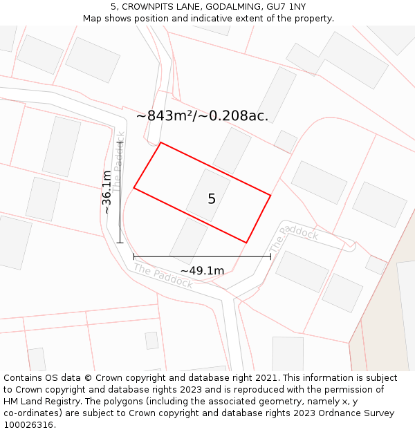 5, CROWNPITS LANE, GODALMING, GU7 1NY: Plot and title map