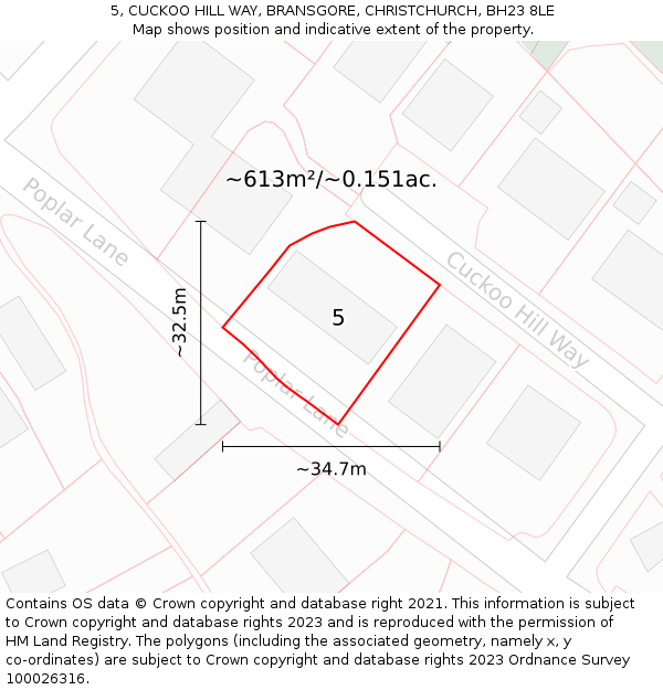 5, CUCKOO HILL WAY, BRANSGORE, CHRISTCHURCH, BH23 8LE: Plot and title map