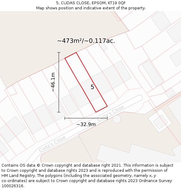 5, CUDAS CLOSE, EPSOM, KT19 0QF: Plot and title map