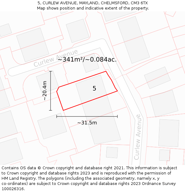 5, CURLEW AVENUE, MAYLAND, CHELMSFORD, CM3 6TX: Plot and title map