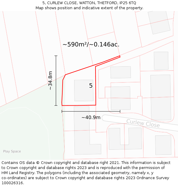 5, CURLEW CLOSE, WATTON, THETFORD, IP25 6TQ: Plot and title map