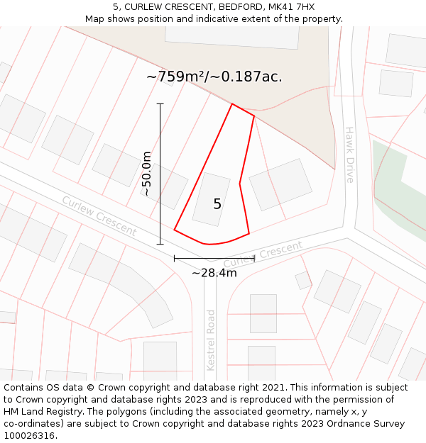 5, CURLEW CRESCENT, BEDFORD, MK41 7HX: Plot and title map