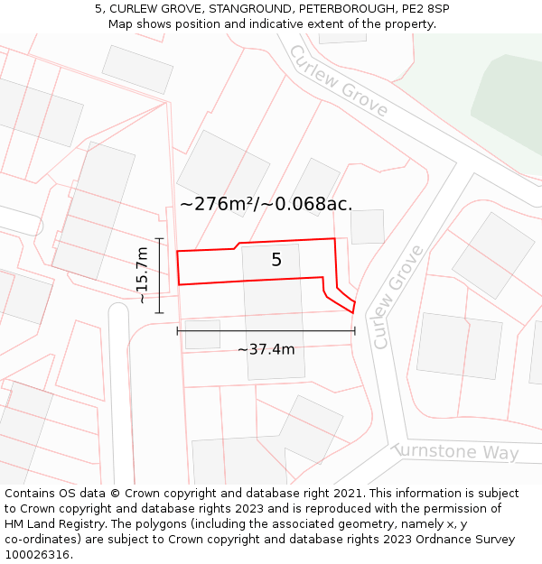 5, CURLEW GROVE, STANGROUND, PETERBOROUGH, PE2 8SP: Plot and title map