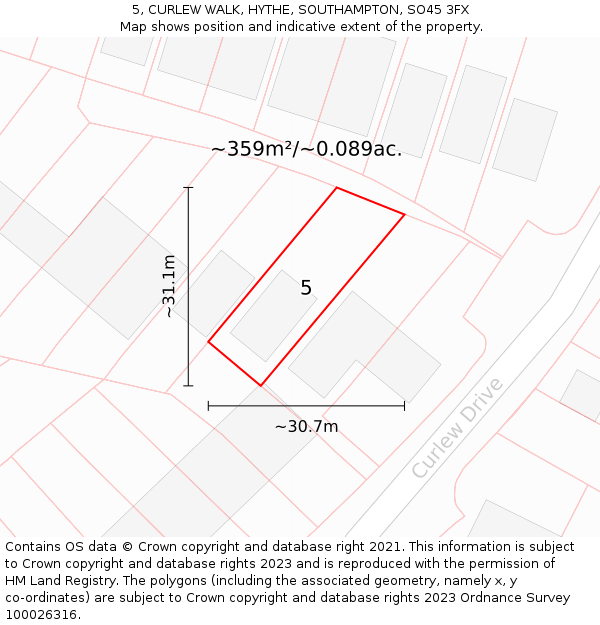 5, CURLEW WALK, HYTHE, SOUTHAMPTON, SO45 3FX: Plot and title map