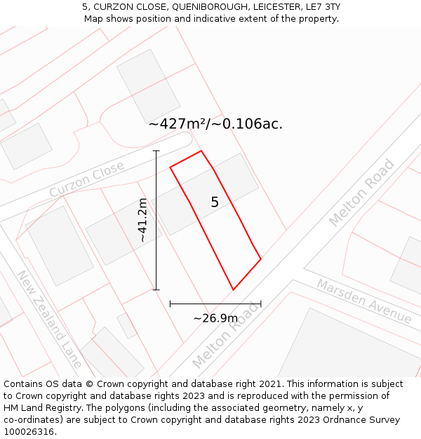 5, CURZON CLOSE, QUENIBOROUGH, LEICESTER, LE7 3TY: Plot and title map