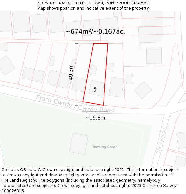 5, CWRDY ROAD, GRIFFITHSTOWN, PONTYPOOL, NP4 5AG: Plot and title map