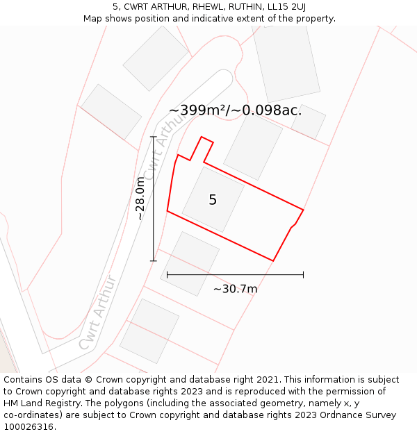 5, CWRT ARTHUR, RHEWL, RUTHIN, LL15 2UJ: Plot and title map