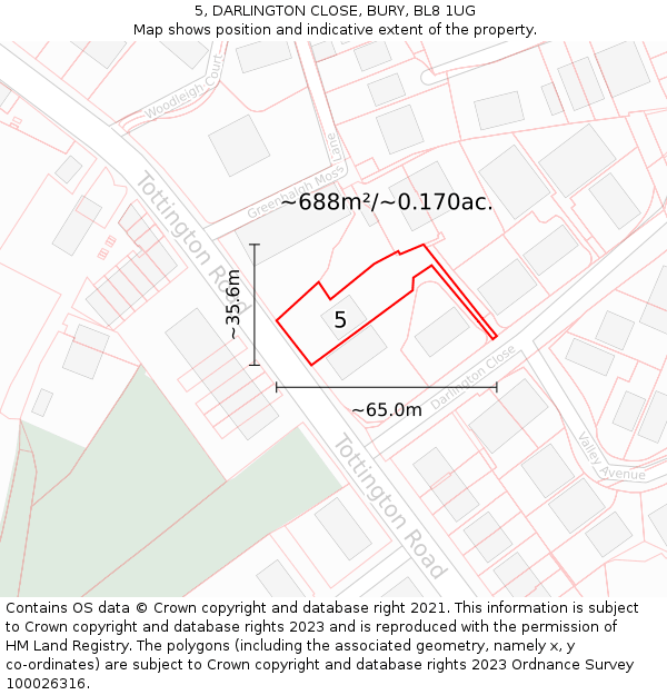 5, DARLINGTON CLOSE, BURY, BL8 1UG: Plot and title map