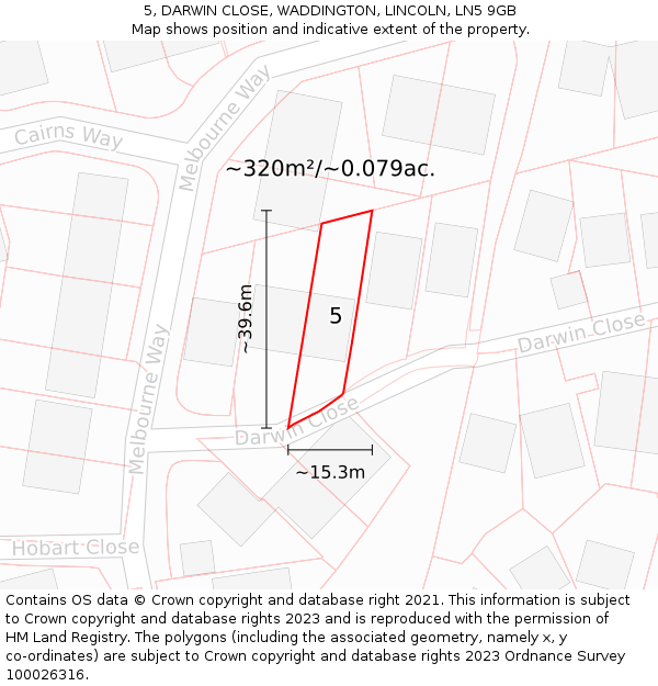 5, DARWIN CLOSE, WADDINGTON, LINCOLN, LN5 9GB: Plot and title map
