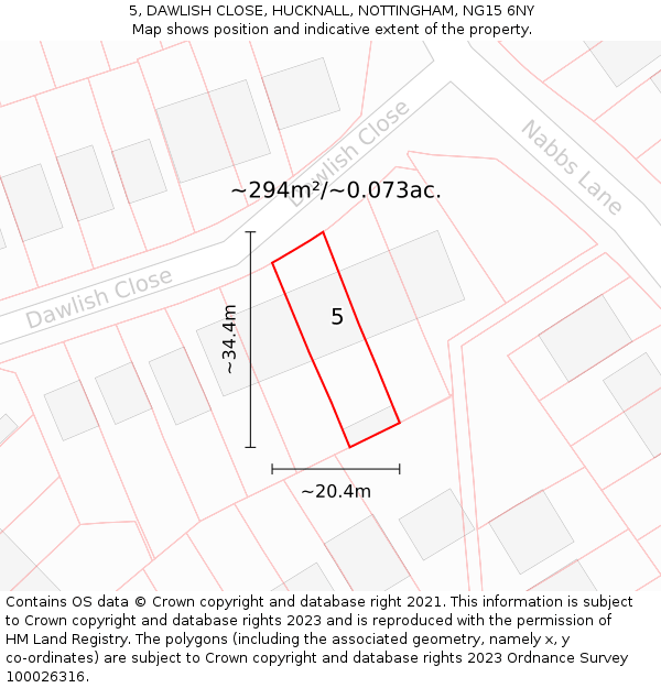 5, DAWLISH CLOSE, HUCKNALL, NOTTINGHAM, NG15 6NY: Plot and title map
