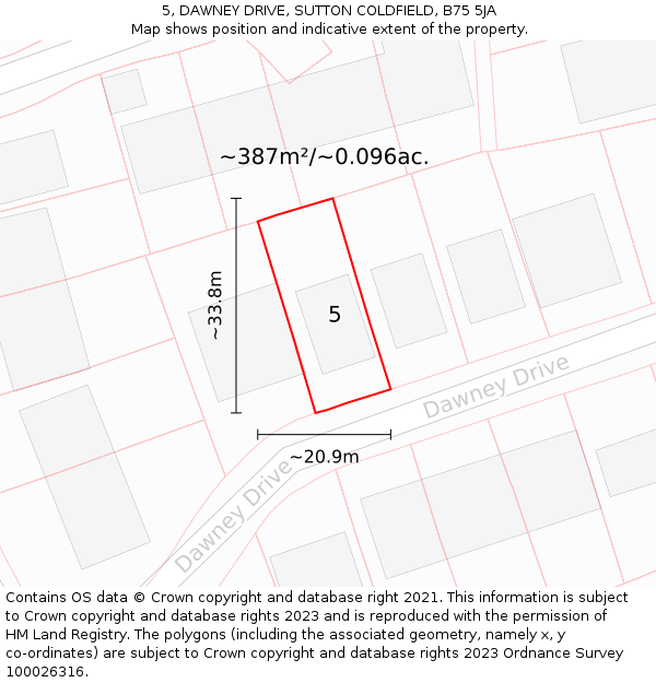 5, DAWNEY DRIVE, SUTTON COLDFIELD, B75 5JA: Plot and title map