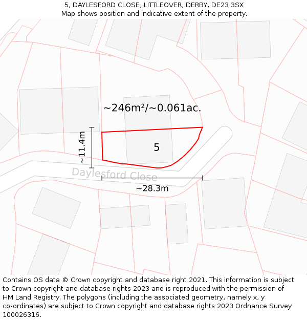 5, DAYLESFORD CLOSE, LITTLEOVER, DERBY, DE23 3SX: Plot and title map