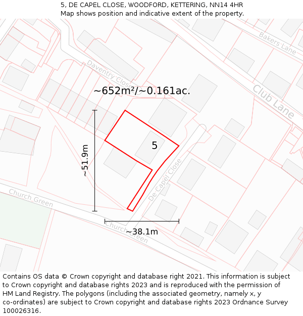 5, DE CAPEL CLOSE, WOODFORD, KETTERING, NN14 4HR: Plot and title map