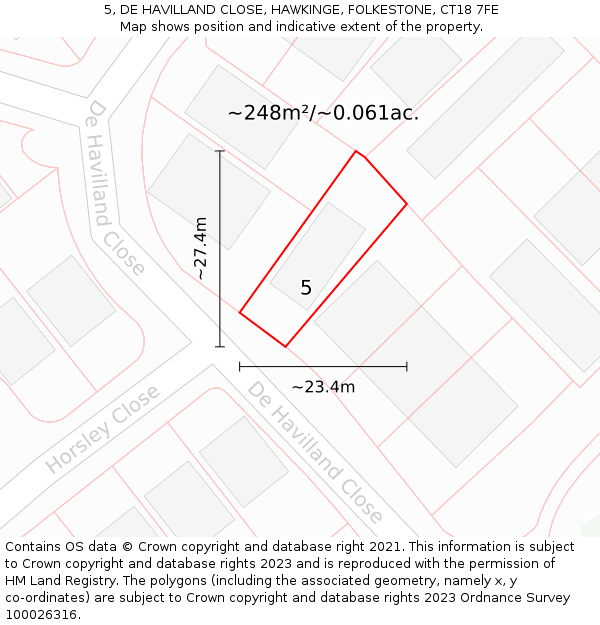5, DE HAVILLAND CLOSE, HAWKINGE, FOLKESTONE, CT18 7FE: Plot and title map