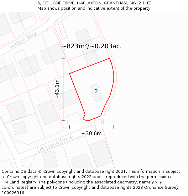 5, DE LIGNE DRIVE, HARLAXTON, GRANTHAM, NG32 1HZ: Plot and title map