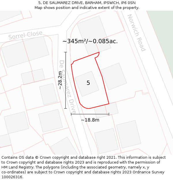 5, DE SAUMAREZ DRIVE, BARHAM, IPSWICH, IP6 0SN: Plot and title map