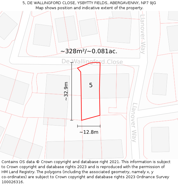 5, DE WALLINGFORD CLOSE, YSBYTTY FIELDS, ABERGAVENNY, NP7 9JG: Plot and title map
