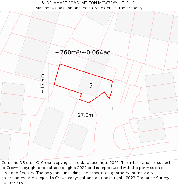 5, DELAMARE ROAD, MELTON MOWBRAY, LE13 1PL: Plot and title map