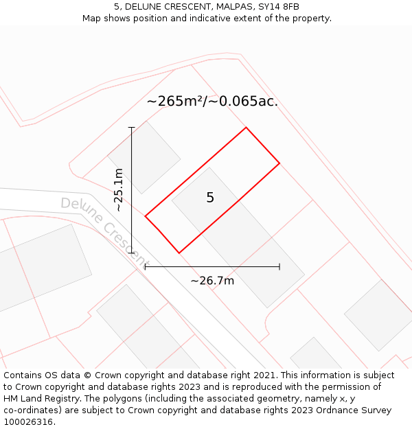 5, DELUNE CRESCENT, MALPAS, SY14 8FB: Plot and title map