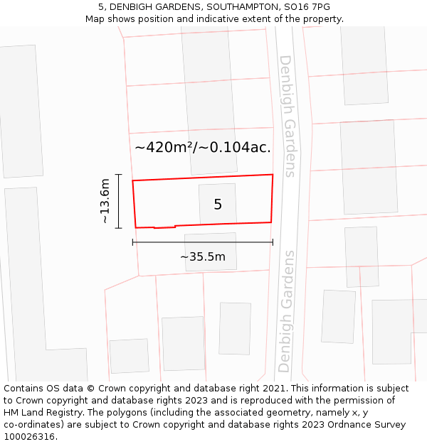 5, DENBIGH GARDENS, SOUTHAMPTON, SO16 7PG: Plot and title map