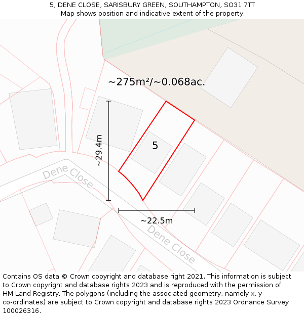 5, DENE CLOSE, SARISBURY GREEN, SOUTHAMPTON, SO31 7TT: Plot and title map